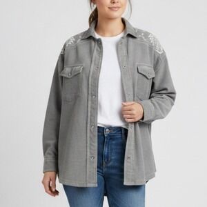 BKE BUCKLE Shacket Jacket Snap-Up Shirt Top GRAY RIBBED CORDUROY Embroidered S